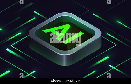 Brightly glowing glass computer chip on circuit board. Technology background. CPU processor on tech bg. Computer microchip on motherboard. Vector illustration Stock Vector