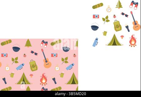 Camping. Seamless repeat pattern. Travel accessories, outdoor recreation items, wrapping paper, fabric printing Stock Vector