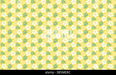 Delightful repeating pattern of tropical flowers and leaves on a yellow background. Stock Vector