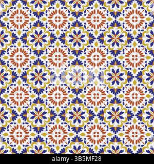 Ornate floral tile pattern in blue, orange, and gold. Stock Vector