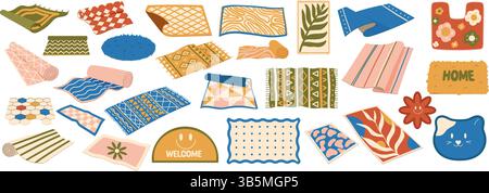 Wool carpets set. Modern handmade cotton and wool rugs with geometric and floral patterns Stock Vector