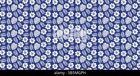 Whimsical Tropical Flower and Leaf Pattern on a Deep Blue Background Stock Vector