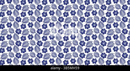 Elegant Tropical Flower and Leaf Pattern in Deep Blue on White Stock Vector