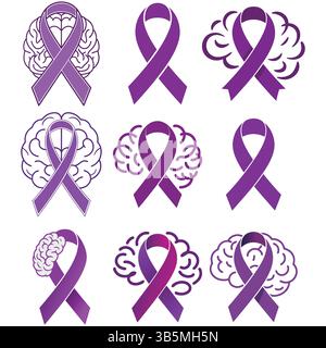 Purple Awareness Ribbons with Brain Logos for Support Stock Vector