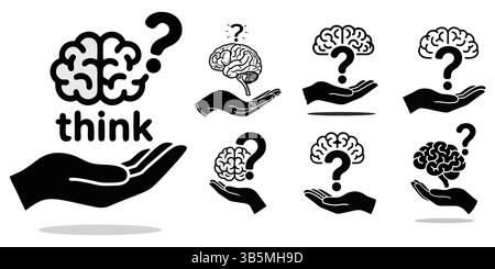 Hands Holding Brains with Question Marks, Encouraging Thinking Stock Vector