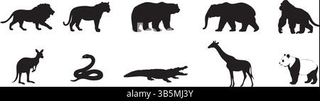 Animal Silhouette Collection – Lion, Bear, Elephant, Giraffe, Panda & More Vector Illustration Set Stock Vector