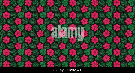 Vibrant Tropical Hibiscus and Palm Leaf Pattern on Dark Background Stock Vector
