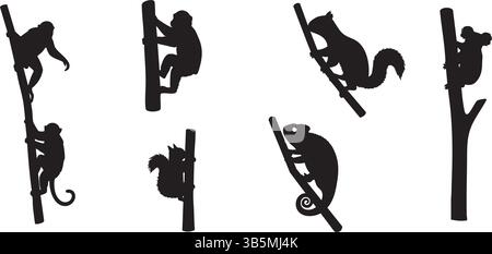 Climbing Tree Animal Silhouettes Vector – Wildlife Illustration for Graphic Design Elements & Art Stock Vector