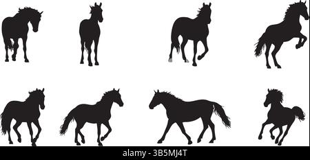 Horse Silhouettes Vector Set – Different Poses & Equestrian Animal Design Graphic Resources Stock Vector