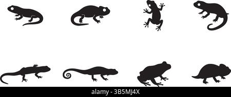 Black Silhouette Vector Illustration – Lizards, Frogs, Amphibians, Reptiles for Design Use Stock Vector