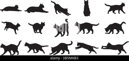 Cat Silhouette Vector Set – Feline Poses and Movement Illustration for Behavior and Graphic Design Stock Vector