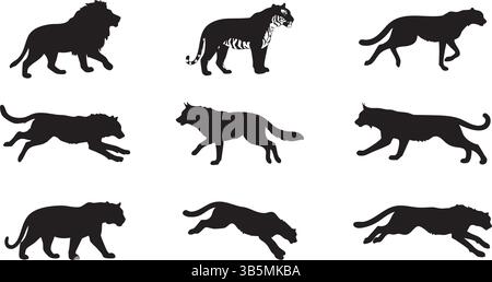 Big Cat & Wild Animal Silhouettes – Lion, Tiger, Wolf, Lynx, Panther, Jaguar Vector Illustration Stock Vector