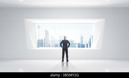 Thoughtful businessman standing in empty space concrete room with bright window and cityscape view . Mixed media Stock Photo