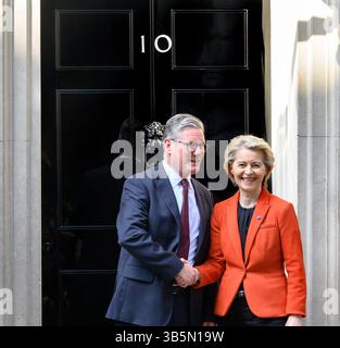 British Prime Minister Sir Keir Starmer welcomes European Commission President Ursula von der Leyen to a bilateral meeting in 10 Downing Street London Stock Photo