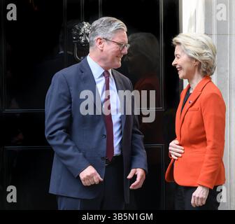 British Prime Minister Sir Keir Starmer welcomes European Commission President Ursula von der Leyen to a bilateral meeting in 10 Downing Street London Stock Photo
