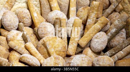 Different kinds of breads seen from above Stock Photo