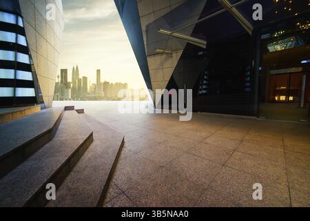 Empty marble stair and floor front of modern polygon design buildings Stock Photo