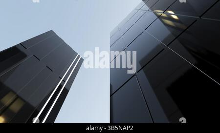 Low angle view of generic modern office skyscrapers, high rise buildings with abstract geometry glass facades . Concepts of finances and economics bac Stock Photo