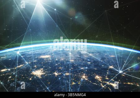 Network connected across planet Earth, view from space. Concept of smart wireless communication technology . Some elements of this image furnished by Stock Photo