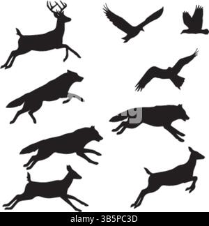 Wildlife Silhouettes: Leaping Deer, Running Wolves & Flying Birds - Vector Illustration Stock Vector
