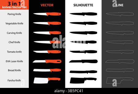 3-in-1 Kitchen Knife Set Vector | Silhouette & Line Art Collection Stock Vector