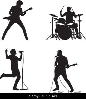 Rock Band Silhouettes: Guitarist, Drummer, Singer & Bassist - Vector Illustration Stock Vector