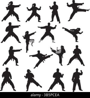 Martial Arts Silhouettes: Karate, Kickboxing & Taekwondo Poses - Vector Illustration Stock Vector