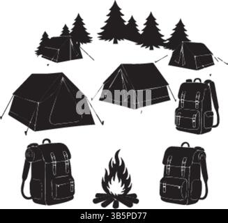 Camping Adventure: Tents, Backpacks & Campfire in a Pine Forest - Vector Illustration Stock Vector