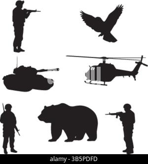 Military Silhouettes: Soldiers, Tanks, Helicopters & Eagles - Vector Illustration Stock Vector