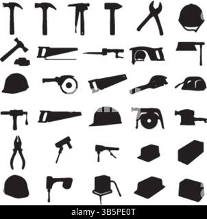 Tool Silhouettes: Construction & Hand Tools Icon Set - Vector Illustration Stock Vector