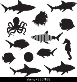 Marine Life Silhouettes: Sharks, Angelfish, Octopus, Seahorse & More - Black & White Illustration Stock Vector