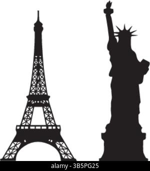 Global Landmark Silhouettes: Eiffel Tower & Statue of Liberty - Vector Illustration Stock Vector