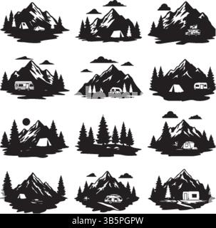Camping Silhouettes: Tents, Camper Vans & Mountain Scenes - Black & White Illustration Collection Stock Vector