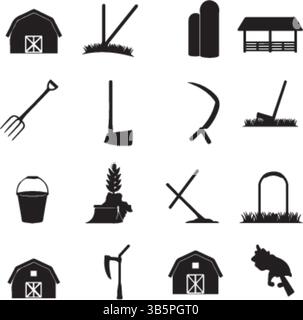 Farming & Agriculture Icons: Barn, Tools, Silos, Wheat & Rooster - Black & White Grid Illustration Stock Vector