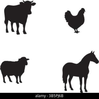 Farm Animal Silhouettes: Cow, Sheep, Rooster & Horse - Silhouette Illustration Stock Vector