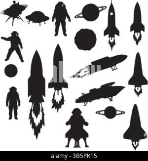 Space Exploration Silhouettes: Astronauts, Rockets, Planets & Spacecraft - Vector Illustration Stock Vector