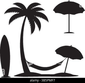 Beach Escape Silhouettes: Palm Tree, Hammock, Surfboard & Umbrellas - Vector Illustration Stock Vector