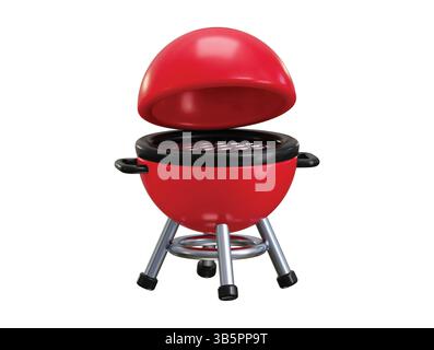 round barbeque grill icon 3d render concept of Kitchen device for frying meat, fish and vegetables. Red portable grill for picnics Stock Vector