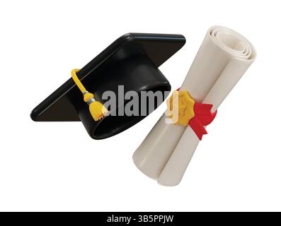 Diploma Graduation Rolled certificate with graduation cap icon 3d render concept of Graduation certificate icon vector illustration Stock Vector