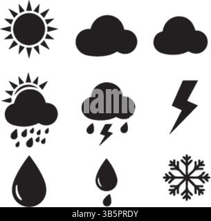 9 Weather Icons Grid: Sun, Cloud, Rain, Thunderstorm, Lightning, Drizzle & Snow - Vector Illustration Stock Vector