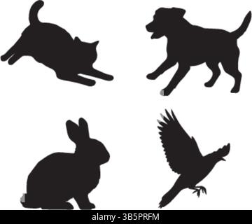 Animal Silhouettes: Playful Cat, Running Dog, Upright Rabbit & Soaring Bird - Black & White Vector Icons Stock Vector