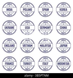 Large set of stamps made in different countries with text Stock Vector
