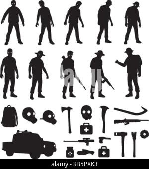 Military Silhouettes: Masks, Zombies, Soldiers - Vector Illustration Stock Vector