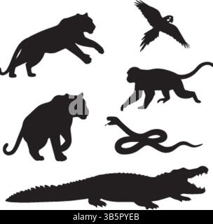 Wild Animal Silhouettes: Dynamic Big Cats, Parrot, Monkey, Snake & Crocodile - Vector Illustration Stock Vector