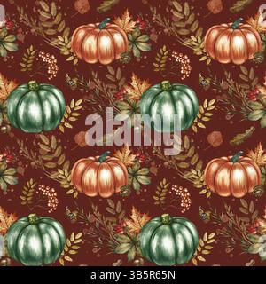 Seamless autumn pattern with pumpkins, leaves and flowers. Handmade watercolor illustration. On a dark background. For packaging, decoration, textiles Stock Photo