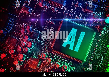 FOTOMONTAGE, Computerchip mit Aufschrift AI, Künstliche Intelligenz *** FOTOMONTAGE, computer chip labeled AI, artificial intelligence Stock Photo
