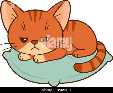 Bored and frowning orange tabby cat sitting on pink pillow. Flat style Chibi cat clean, simple design. Perfect for children’s content, greeting cards, stickers, tshirts, mug and posters illustration  Stock Vector
