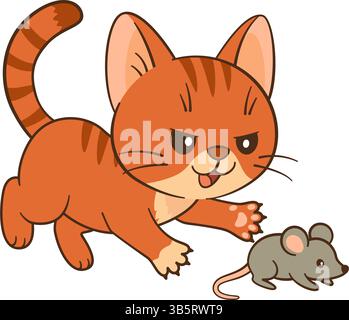 Mischievous red tabby cat chasing small gray mouse. Chibi ginger kitten in Flat style clean, simple design. For children’s book, story illustrations, greeting cards, stickers, tshirts, mug and posters. Stock Vector