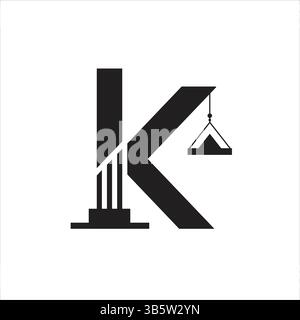 Construction Letter K Logo Design, Bold Architectural Initial with Crane Hook and Pillar Elements for Building or Engineering Branding Stock Vector
