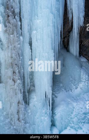 Ice formations on the wall of the Uncomphagre Gorge in the Ouray Ice Park in Ouray, Colorado